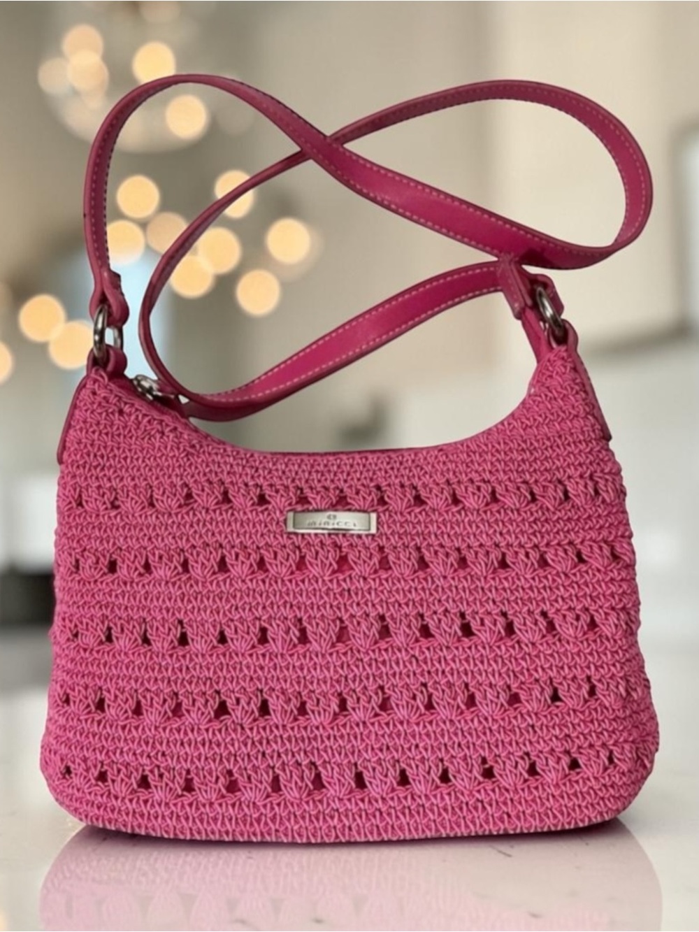 Minicci Crocheted Knit Macrame Pink Crossbody Bag Shoulder Bag Purse Handbag